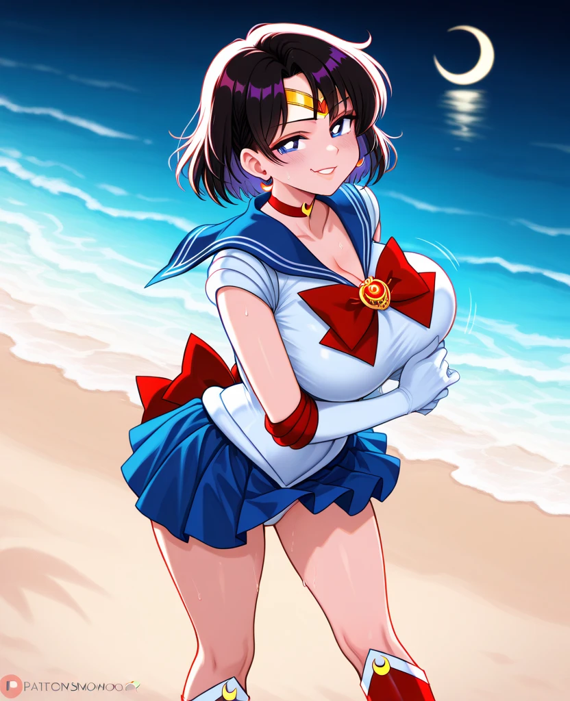 masterpiece, best quality, beautiful art, high resolution, well formed hands, body and fingers, 1 woman, solo, Iroha Samurai Shodown, adult, big breasted, cleavage , full body, wearing a Sailor Moon outfit,, gorgeous legs and thighs, sexy sailor senshi uniform, sailor collar, blue skirt, pigtails, elbow gloves, ,skirt lifted by the wind, white leotard peeking, dancing seductively and erotically, smiling joyfully, looking at the viewer, flirting, beach environment 