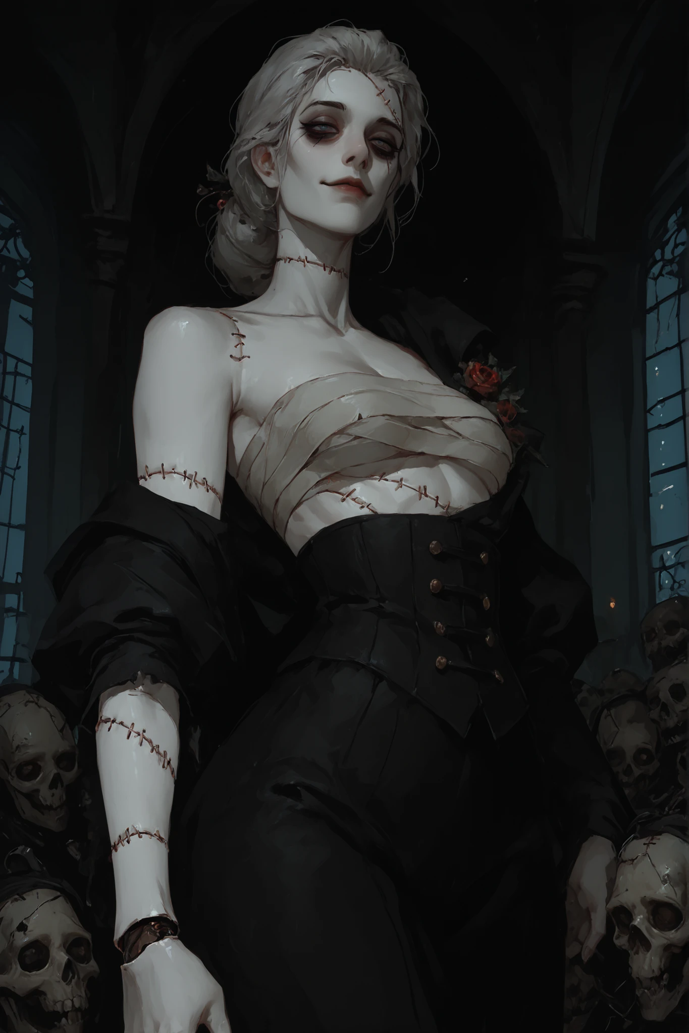 (best quality,4k,8k,highres,masterpiece:1.2),ultra-detailed,(realistic,photorealistic,photo-realistic:1.37),female,dead by daylight,killer,wearing scary mask,sexy,[murderous,ominous] gaze,dark atmosphere,[suspenseful,terrifying] environment,dimly lit,sharp contrast,dark shadows,distorted shapes,[haunting, eerie] background,unseen lurking presence,creepy [facial expression,smile],blood splatters,spooky [lighting, ambiance],intense focus on the killer,vengeful spirit,[menacing,sharp-edged] weapons,emotionless figure,bloody costume,[sinister,mysterious] aura,macabre theme,gruesome details,nightmarish aesthetic,wicked intentions,nighttime setting,life-like realism,horror flick vibes,night owl vibes,deathly surroundings
