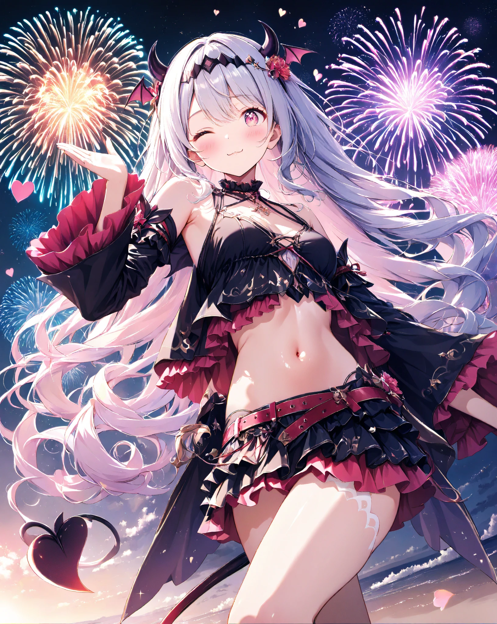 Highest quality、High definition、A very cute beautiful girl、Pretty lips、Very sensual、feminine、Skin like in the picture、Glossy Skin、Various hairstyles、Different hair colors、Flowing hair texture、A beautiful woman with a large amount of milky liquid flowing all over her body、Sweaty、Midsummer clothes、Short skirt、Garter belt and stockings、Blue and pink camisole、chest、Navel costume、Shoulder Bare、Sexy pose、T-back shorts、At the fireworks display、At the foot of the bridge、