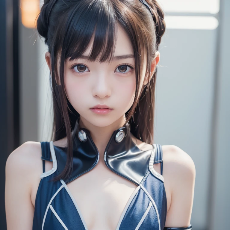 (((Beautiful girl small ))),Wearing a black jacket、Cyberpunk Red Green Background、(((Upper body naked))le,,、Round face,Big eyes, Round eyes、No makeup