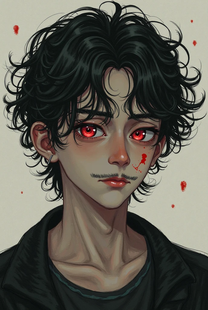 A pretty woman, short hair, shoulder length hair, black hair, messy hair, Red eyes, Red lips, pointed chin, small smile, blood red jacket, black t-shirt, close view