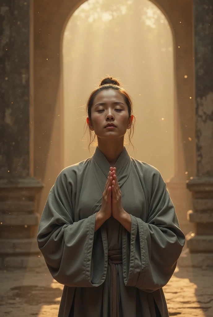 a korean woman,seen from the front in a meditative position,namaste hand,sitting cross-legged on the ground,(eyes closed),wearing hijab detailed traditional clothing robe glow ornament,including bracelets and a belt with a complicated buckle.his surroundings looked mystical and serene,perhaps in a sacred cave with the light coming through the gaps above illuminating her beautiful face.Behind her was a smoke in the shape forming a giant creature from ancient Javanese mythology