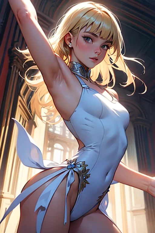 (masterpiece, absurdres, highres, ultra detailed), 1man, wavy blonde hair, blue eyes, ponytail, perfect face, male focus, femboy, flat chest, bulge, androgynous, detailed eyes and face, slight smile, wearing white silk sundress and breeches, transparent, lace, floating scarf, bare shoulders, bare collarbones, bare navel, sci-fi background, space opera, legend of galactic heroes, intricate details, cinematic lightning, depth of field, action packed, action shot, cowboy shot