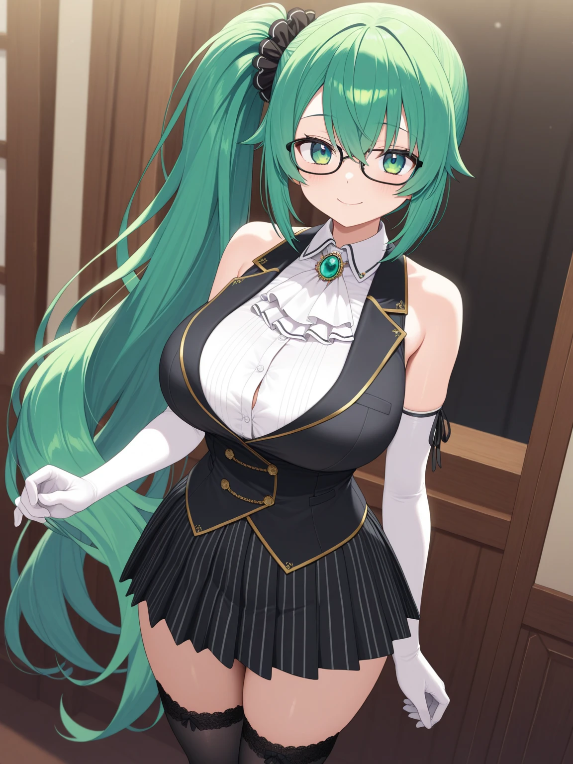 Kizi, highr, Concealed arm, Blue_and_Green hair, Detailed beautiful eyes, navy blue eyes, evilsmile, medium boob, Open navel,big breasts thin waist,medium thigh, 校服, Japan School Uniform,JK school uniform,Long black stockings, Detailed clothes, tmasterpiece