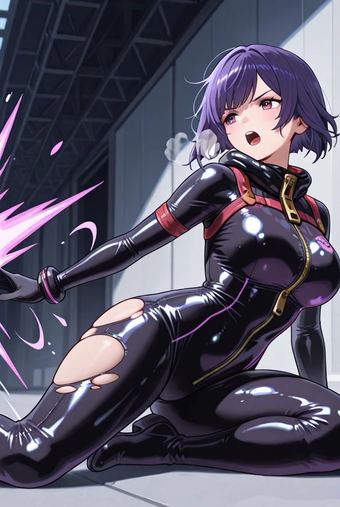 mature female, mature, Adult, himeno, himeno(Chainsaw Man), black hair, short hair, eyepatch, latex purple leotard, black tights, latex purple thighhighs, covered navel, purple elbow gloves, purple pumps, holding whip, 1girl 1boy, disappointed, contemptuous, disdain, looking down, (girl on top), (sitting on boy), (all fours), dominatrix, homage, relationship between master and vassal, full body, nsfw, Villains, Dark room, night, Dark, dramatic angle, unique perspective, unique angle, masterpiece, Top animation quality,Top image quality,