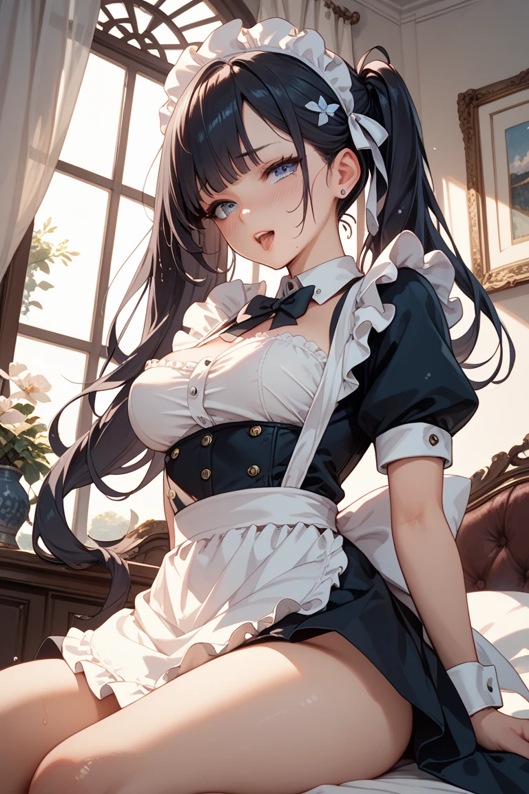 delicate, masterpiece, beautiful detail, colorful, exquisite detail, detailed lips, intricate details, 1 girl, solo, black hair, wearing maid, beautiful face good-looking, big breasts, small waist, big buttocks, revealing dress, full body, maid hat, bowing to guests, solo, stay in maid café, Chinese, long hair, beautiful body