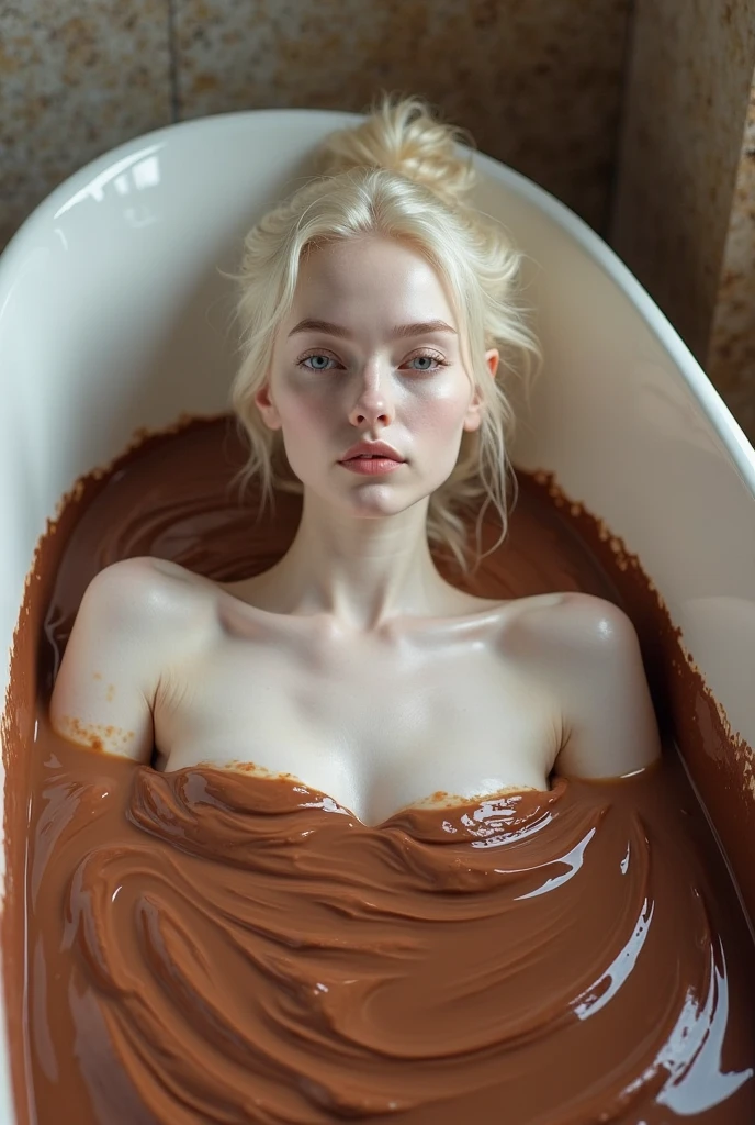((best qulaity, 8K, Meisterwerk: 1.3)), scharfer Fokus: 1.2, ((Emma Watson sits in a bathtub full of liquid chocolate: 1.4)), Schlanker Bauch: 1.2, (small and beautiful hard nipple) , ((Body and face full of liquid chocolate: 1.1)), Hochdetaillierte Gesichts- und Hautstruktur, Spaltung,