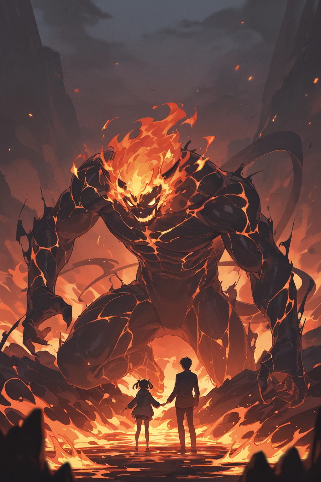 One, huge, terrifying, hideous stone man, full of flames, set against the background of the ruins of the night