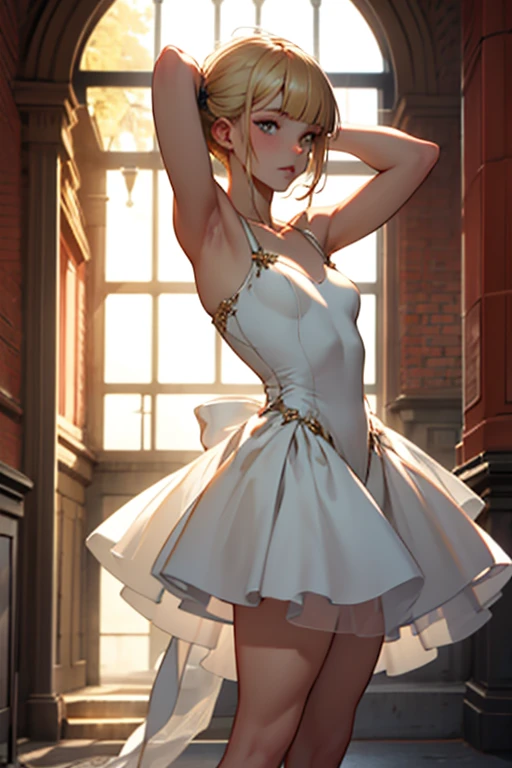 QUITTERIE RAFFAELI, LONG HAIR, BLONDE HAIR, TWINTAILS, PURPLE EYES, HAIRBAND, white SKIN, white-SKINNED girl, JEWELRY, EARRINGS, 1girl, solo, masterpiece, illustration, game CG, absurdres, highly detailed, dance hall, ballerina, tutu, sexy outfit, white plataform high heels sandals, white  straps arround the anckles going up all the way to the thighs , all fours, full  body shot, side shot, looking back at viewer