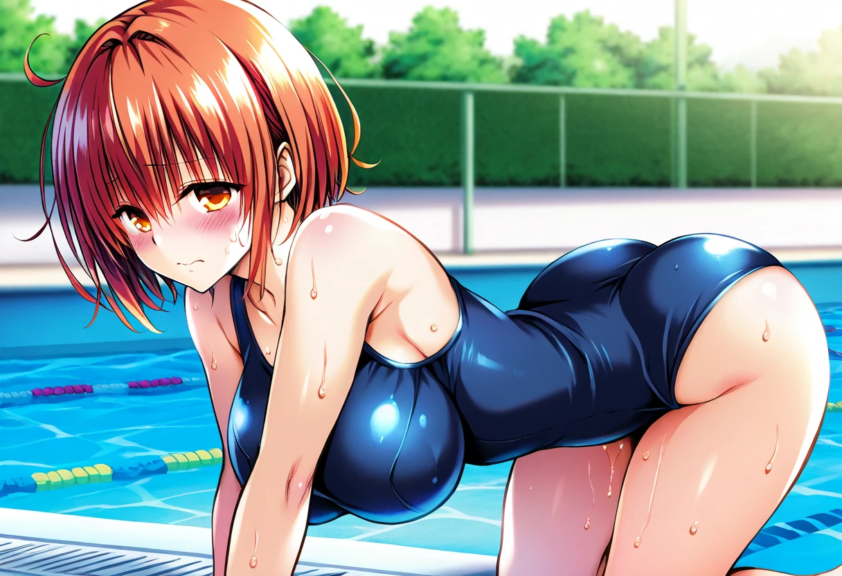 pieces fly、masterpiece、highest quality、Super detailed、High resolution、High resolution、8K portrait、High resolution CG of Unity 8k wallpaper、unity 8k wallpaper、cute:1.5、slender body:1.5、Highly detailed CG unity 8k wallpaper、realistic、real person、cute、 portrait photography、shiny skin、High resolution、Orange Bob Hair、(16 years old:1.2)、(1 girl)、(school poolside:1.6)、perfect face,seriously,grad,(blush:1.5),((nude:1.5)), (midium breasts:0.8),(((I have nipples))),((Orgasm in the vagina:1.5)),(looking at view),(from front),(green ribbon:1.2),(standing)