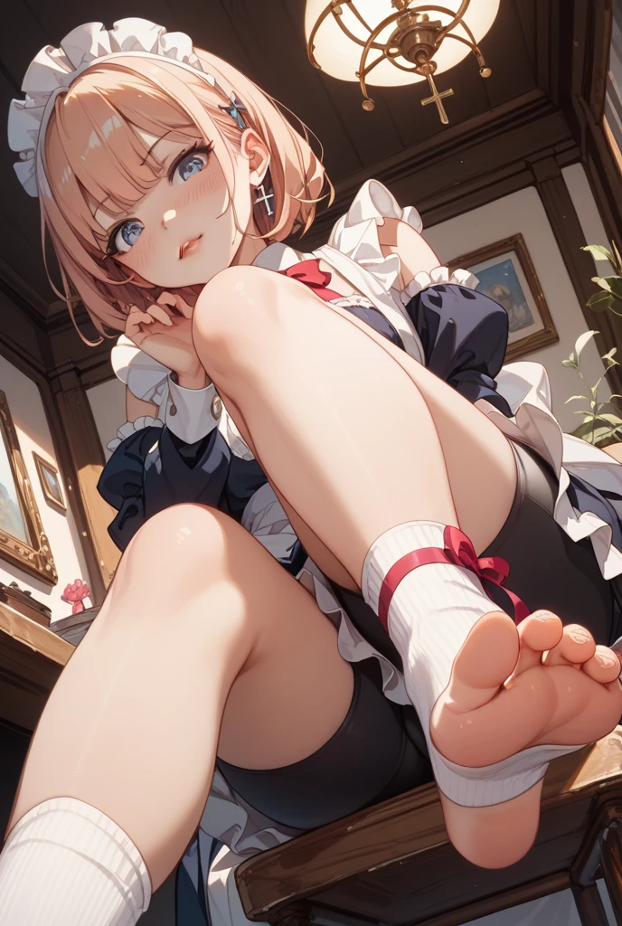 1 girl,white hair,purple eyes,maid,long hair,Tareme eyes,sick,2 legs,Leg focus,Put your hands on your thighs, X-shaped headband,from below,half-closed eyes,Jiliu,blush,sweating,bare foot,foot,(Five toes 1.5),onlys of foot,foot focus,sweating,bare foot,free fatty acids,from below,Lift your legs,only,foot,looking at the audience
