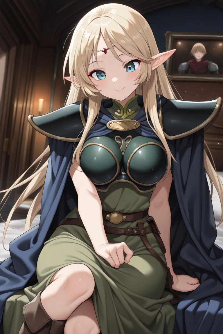 1 elf woman,((with long brown hair)),((with blue eyes)),((very huge breasts)),((with a thin cloth covering her breasts, with a rope tied around her waist with a thin bannon covering her pussy)), without underwear, ((with a kind and cute look, with a slight gentle smile)), ((standing facing the viewer, on the medieval street))