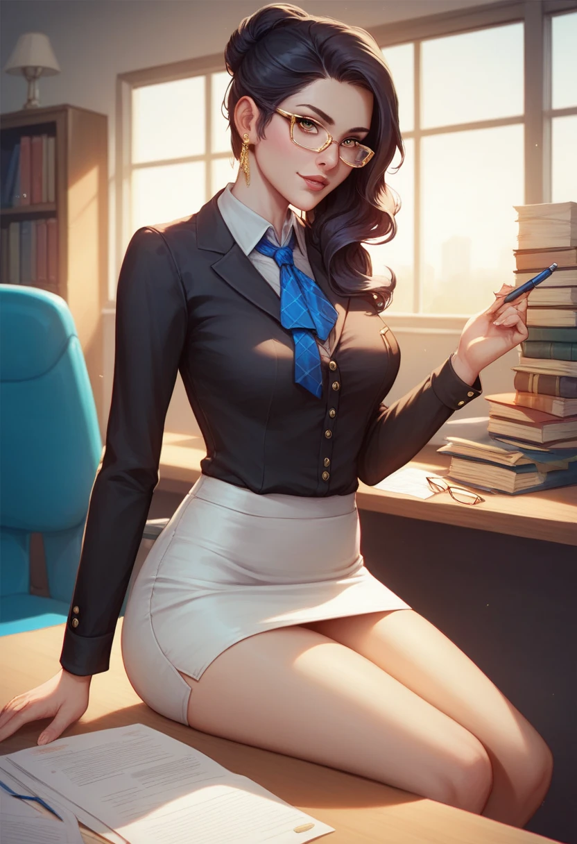 comic (masterpiece,best quality, ultra realistic, 32k, detailed skin, 8k uhd, high quality:1.3), a lewd lady with long messy hair wearing glasses and tight skirt and pantyhose lying on the desk, nose blush, half-closed eyes, open mouth, spreading legs, front view, full body, solo . graphic illustration, comic art, graphic novel art, vibrant, highly detailed