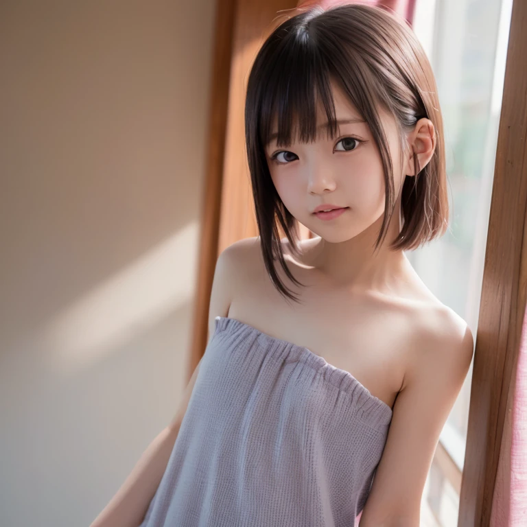 (masterpiece, highest quality:1.4), award-winning portraits, 8K, 85mm, alone, beautiful face, delicate girl, violaces, gardenia, grace, Sophisticated, cute, teen, looking at the viewer, 15 years old, Raw photo, disorganized, HDR, sharp focus, A bow tie, background bokeh、(((flat 、thin and delicate body、A childish atmosphere、naked、full body)))、Her shiny semi-long hair is tied up、hair swaying in the wind、Mole on the left cheek、large, round, dark blue eyes、full body、sitting on the floor、Junior idol、Nogizaka Idol、mole under eye、sexy、((basement、Embarrassing appearance、anxious look))