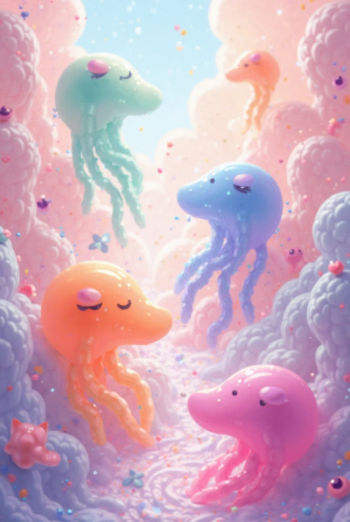 giant octopus lay on old couch, multi many eyes, fractal tint tentacles, smooth shiny colorfully skin, lots of stuffed gems and various clutter and mess in background, intricate, highly detailed
