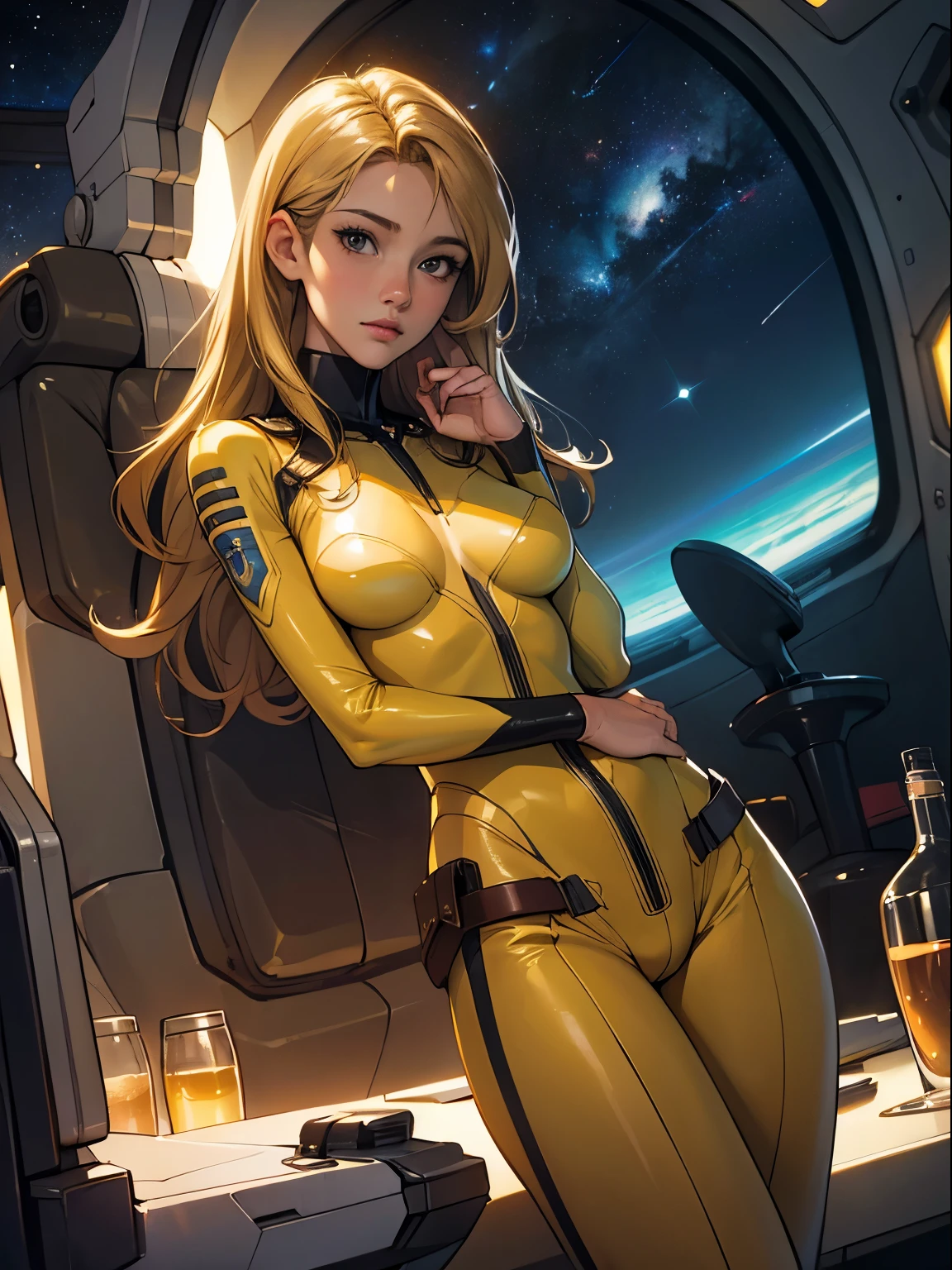 (masterpiece, best quality:1.2), (cowboy shot:1.1), solo, 1girl, mori yuki, slight smile, closed mouth, looking at viewer, blonde hair, thigh gap, (unzipped bodysuit:1.5), slight smile, leaning forward, side view, yellow bodysuit, skin tight, belt, large window, (starship porthole:1.3), from front, (spread legs:1.3), (standing:1.1), starship interior, (outer space view:1.1), (orbital view:1.3), (night, stary sky:1.5), milky way