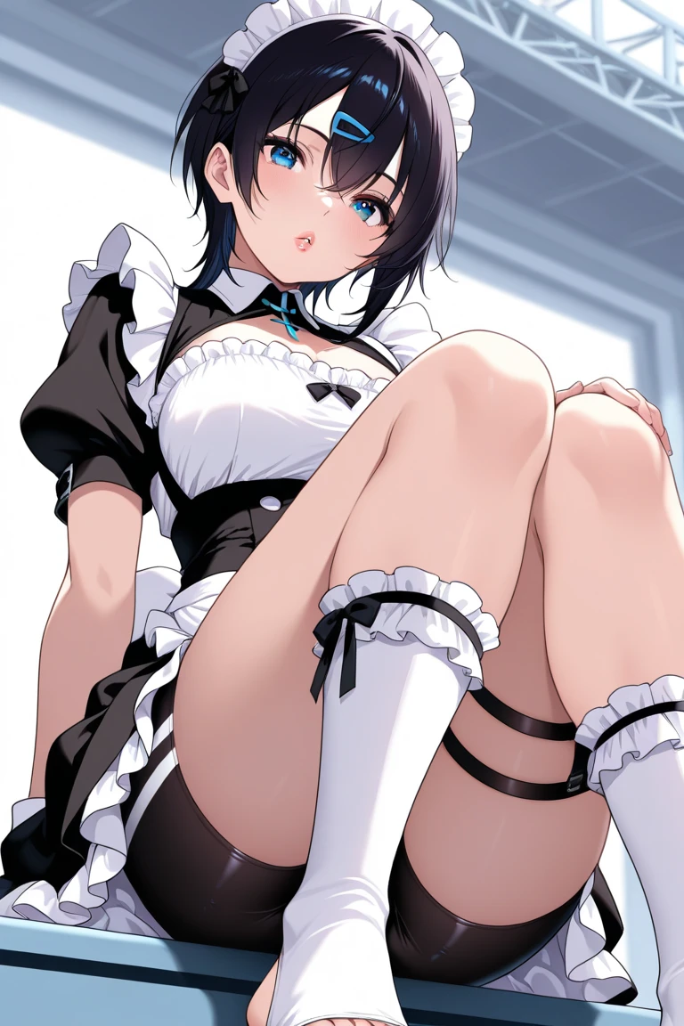 (((Pixel Perfect, Perfect in every detail,nsfw,,clothes lift,large breasts,light smile,dpubic hair,alon,solo focus,clothes lift,1 girl,black thigh-high socks))), alone, One girl, ((Ruka Sarashina)), Blue Ribbon, big , (Princess Maid), View your viewers, In the room, sitting,spread legs