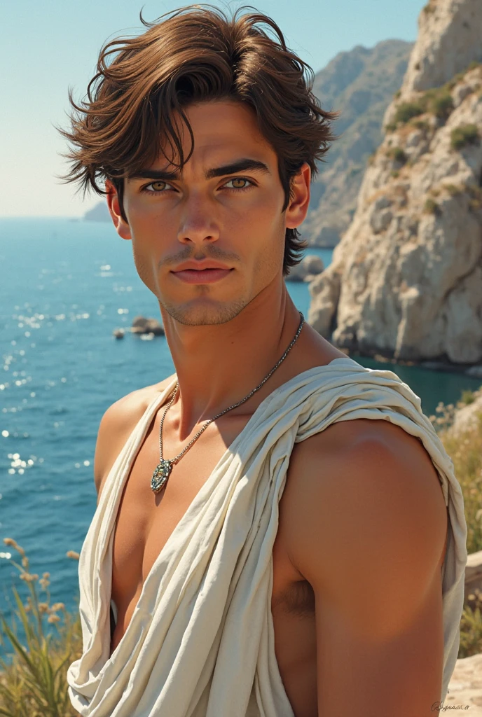 An illustrated movie poster, hand-drawn, full color, a male ranger, 22 years-old, resembles Dean Cain, wearing a linen tunic and a shemagh scarf, fair skin, stocky physique, deep brown eyes, wide bulbous nose, black hair, curly quiff, thick bushy eyebrows, extremely hairy chest, stomach, and arms, lots of body hair, posing on a tropical beach, hard shadows, graphite shading, stencil markings, airbrushed acrylic paint, masterpiece, in the style of Lord of the Rings