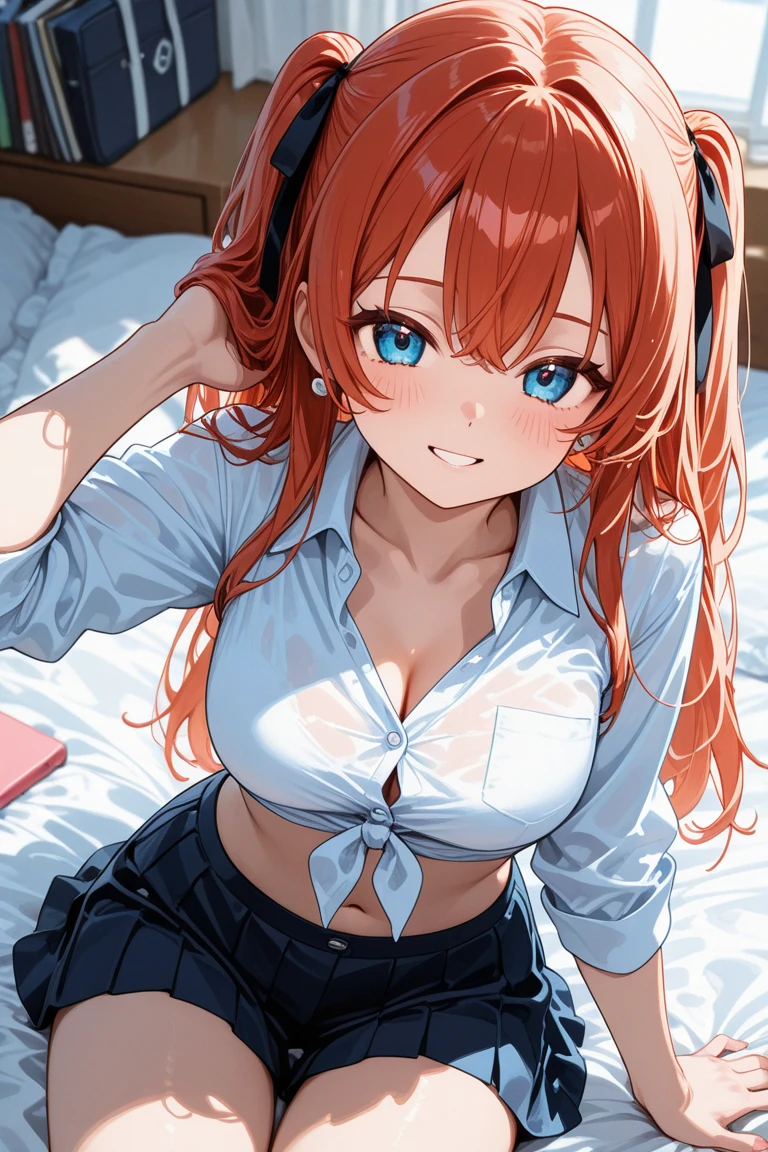 1girl, Anime girl with long hair, anime moe art style, Anime visuals of cute girls, Anime Best Girl, itsuki nakano fanart, pretty anime girl, Smooth Anime CG Art, Seductive Anime Girl, charming anime girls, Cute anime girl, Shining eyes, big boobs, ((looking at viewer)), ((smile)), close up, red hair, blue eyes,white shirt, upper shirt button off, cleavage, collar bones exposed, collar bones, collar bones visible, light boob cleavage, (portrait), (((no bra))), cleavage, ponytail, kneeling, office, black panties, thick thighs