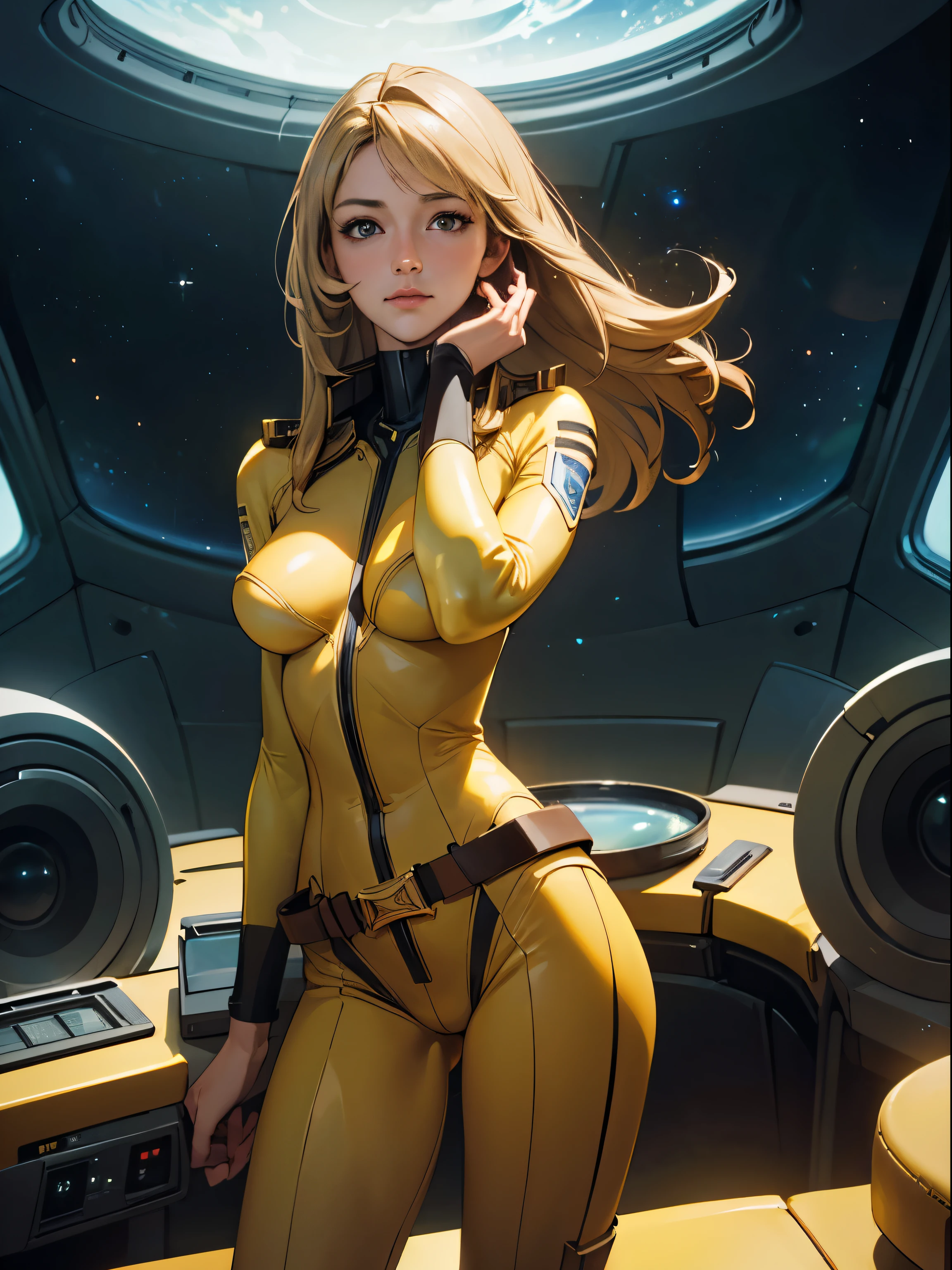 (hyperdetails), (masutepiece), (good lighting), 8K, Solo, Full body , (mori yuki), Blonde hair, Yellow bodysuit, Yellow boots, Skin Tight, Belt bag, Perfect legs, (detailed and delicate costumes:1.2), Slender body, Standing on a spaceship, Open legs, Tilted words、(vulvashaped、Nipple Pochi、Thigh gap、Manstreak)、