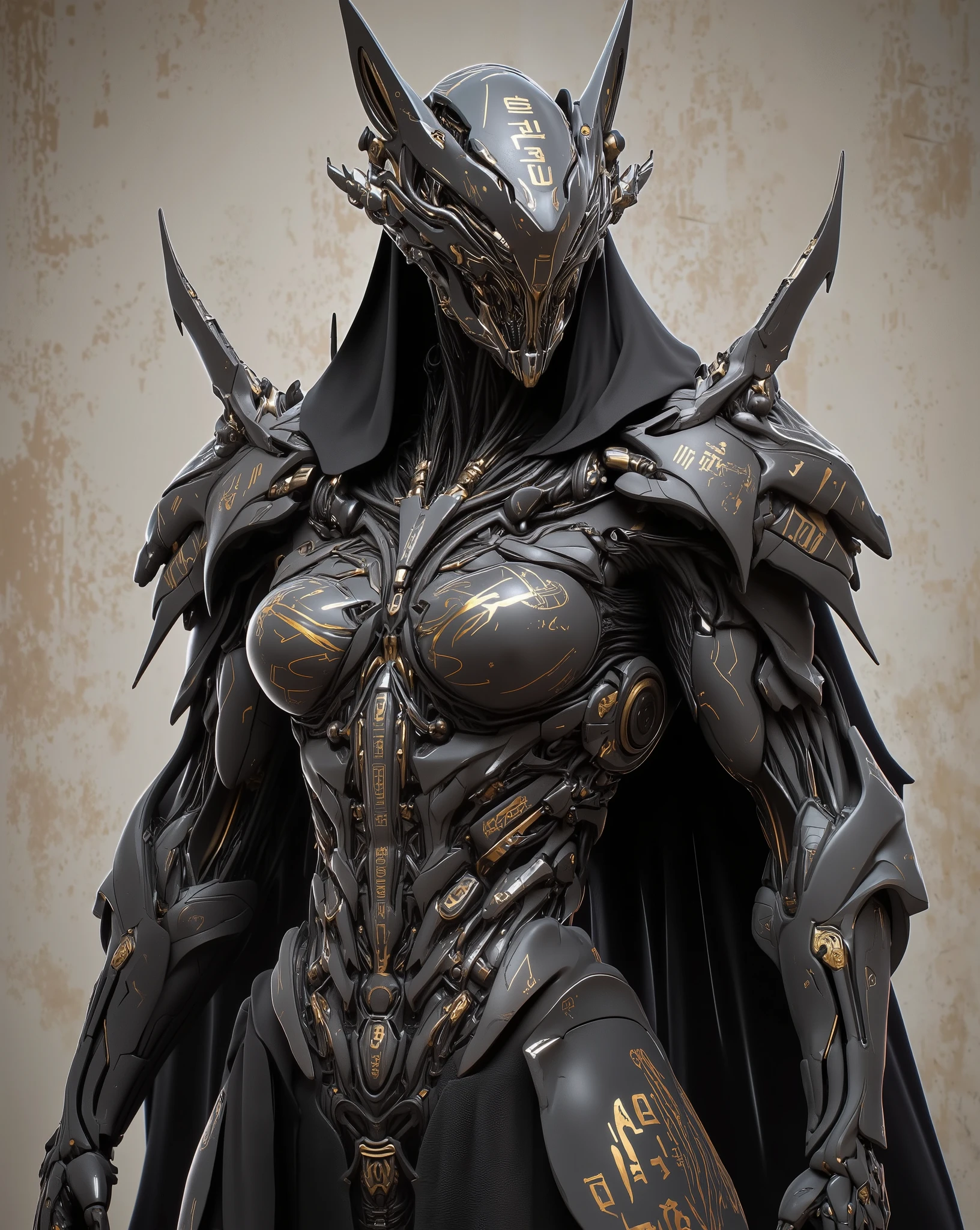 A female figure, likely in her late twenties, is depicted in a stylized, almost mechanical, fashion. She is positioned slightly off-center to the left of the frame. Her body type is curvaceous and athletic, with a strong, sculpted physique. The subject is wearing a dark gray/black, futuristic armor suit adorned with gold metallic accents, intricate golden patterns, and stylized glyphs resembling ancient or alien writing. The armor covers the entire body, highlighting the figure's curves and musculature beneath. The helmet features sharp, feline-like ears, and the face is obscured by the helmet. The expression is neutral and stoic. The figure appears to be standing, her posture is confident and alert. The background is a muted cream-beige color, with subtle, almost faded, markings that suggest aged parchment or a weathered wall. The lighting is dramatic, highlighting the contours of the armor and creating a sense of depth in the figure's form, emanating from the upper left portion of the frame. The composition uses a three-quarter view, allowing for a detailed view of the armor's design, and the perspective is slightly angled downwards, drawing the viewer in. The overall style is futuristic fantasy or sci-fi, with a focus on detailed design, dark tones, and intricate decorative elements. The image uses a medium-high degree of detail, emphasizing the texture of the armor's surface.