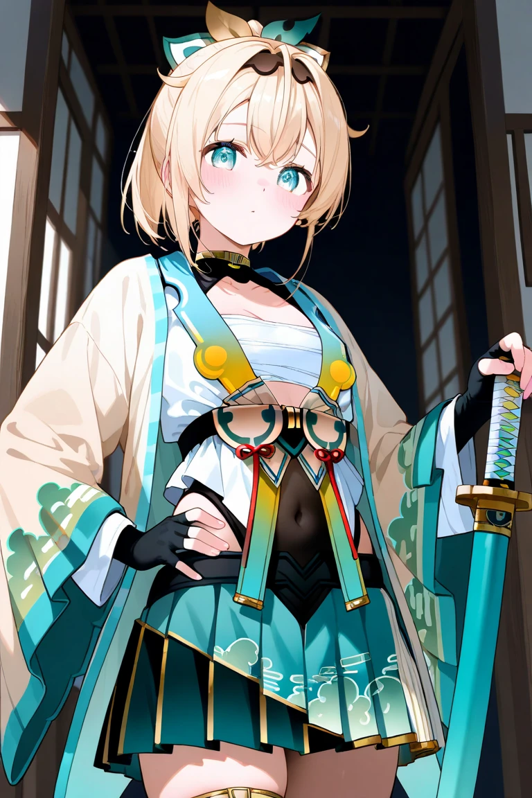 masterpiece, exquisite, hi-res, 1girl, iroha Kazama, blonde, fingerless gloves, gloves, exposure, knee-high, kimono, white neeso, skirt, haori, black gloves, hair band, bangs, sheath, pleated skirt, ponytail, breasts, sheath, blue eyes, hair between eyes, black hair band, hair ornament, leaf hair ornament, long sleeve, covered navel, mini skirt, big tits, upper body, smile, outdoors,