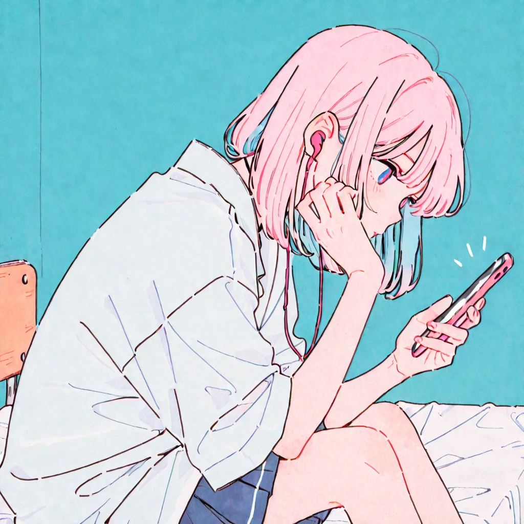 A girl with short pink hair wearing a short white skirt, white sneakers, a black jacket with her cell phone in her hand and her hearing aid 