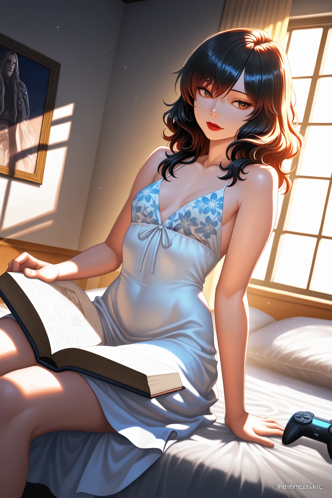 (Dusk), empty room, sunlight shining in through the window, (a lazy girl lying on an open book, looking at the audience, stoic expression: 1.3), solo, strapless white top, jeans, (gray eyes, eyelashes, dark red hair in low twin tails, swept bangs, toned arms, small breasts), bedroom, (bed), curtains, windows, front, fantasy, (large bedroom: 1.2) (big scene), mid-range end, cowboy lens, (rich color) (best quality: 1.2), master work, (high precision: 1.1), 8k resolution, (rich detail), delicate, clear background, noise reduction, complex details, super detailed, very detailed, complex, small details, CG, fresh