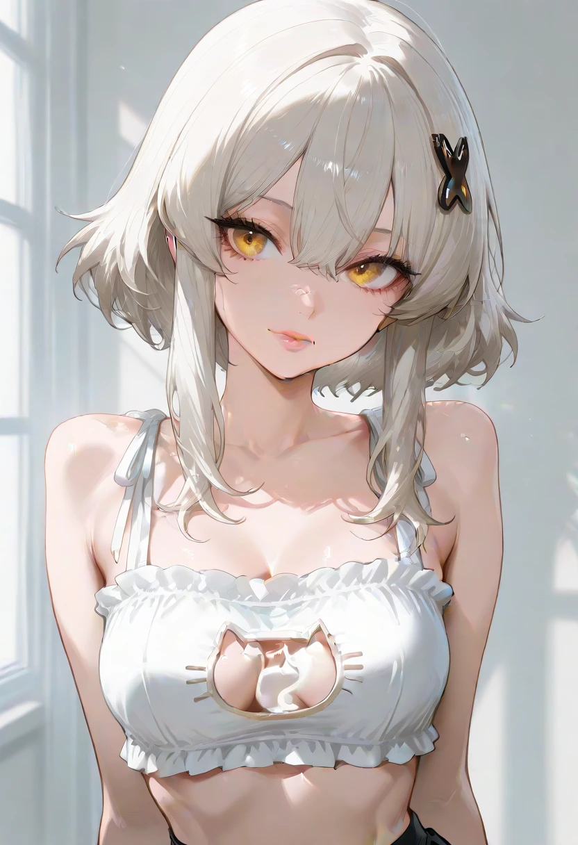 perfect artwork, masterpiece, best quality, highres, detailed face, beautiful woman, 1girl, close-up, (white t-shirt), naked shirt, (oversized shirt), [off shoulder], no bra, (covered, saria, white hair, orange eyes, bedroom, morning,