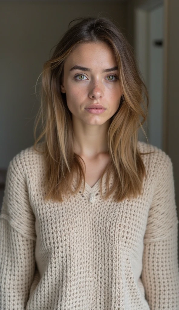 Extremely realistic Russian girl with blonde hair and blue eyes, wearing a jumper, entire upper body, not portrait
