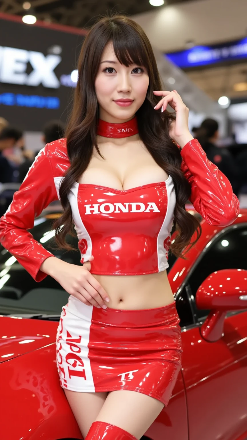 AirAsia's red jacket uniform、long hair that reaches to the feet、Dark brown hair、Hair tied up、Tie your hair back in a ponytail、ponytail、Red rubber band、Luxury earrings、Captivating look、blue eyes、22 year old Asian female、Camel Toe、Giant tit、Nipple Puffs、Cleavage、Plump、Super big breasts、Super big butt