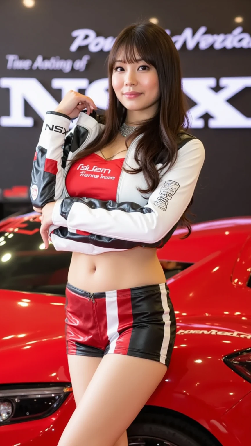 (masterpiece), ( MotoGP Racing Girls), (Eyeliner:0.5),(blush:0.5), Black Hair, A faint smile, Refers to a beautiful and delicate girl, Extremely detailed eyes and face, Beautiful and delicate eyes, , ((MOTOGP events)), (MotoGP track background), (best quality, high resolution, Reality, The original, 8K,masterpiece, ),(((Dynamic poses))),(((Midsection perspective))),(((Showing the underside of the chest ))),(((Red Mini Skirt Lift))),(((Bare inner thighs))),(((Formula One cars on display))), (Vibrant colors:1.2), (Beautifully),