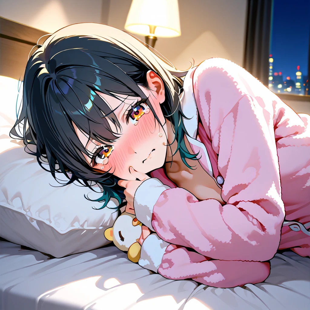 20 years old,1 mature woman,hyperrealistic, 8k, (extremely detailed 8k), (very delicate and beautiful), (masterpiece), (better quality:1.0), (ultra high resolution:1.0), (masterpiece, best quality),cute,black hair,long hair,full body,white background,realistic skin,pajamas,lie on own side,evil grin