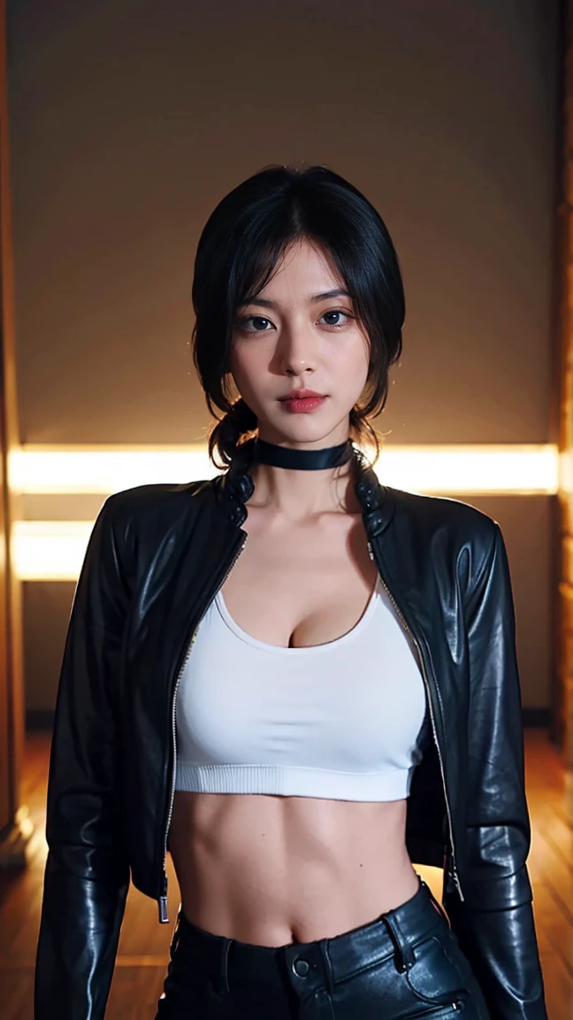 You are a professional photographer。masterpiece、8K、Highest quality, Soft Light, Ultra-high resolution, (Realistic:1.4), RAW Photos,24 years old Japanese girl, alone, cute, (pupil, Light in your eyes), Beautiful face in every detail, (Small box),(High resolution detail of human skin texture),Cleavage
、American Garage、American motorcycle repair shop、Harley Biker、Wear a leather jumpsuit、Accurate background、(Get on a bike)、
、(Portraiture)