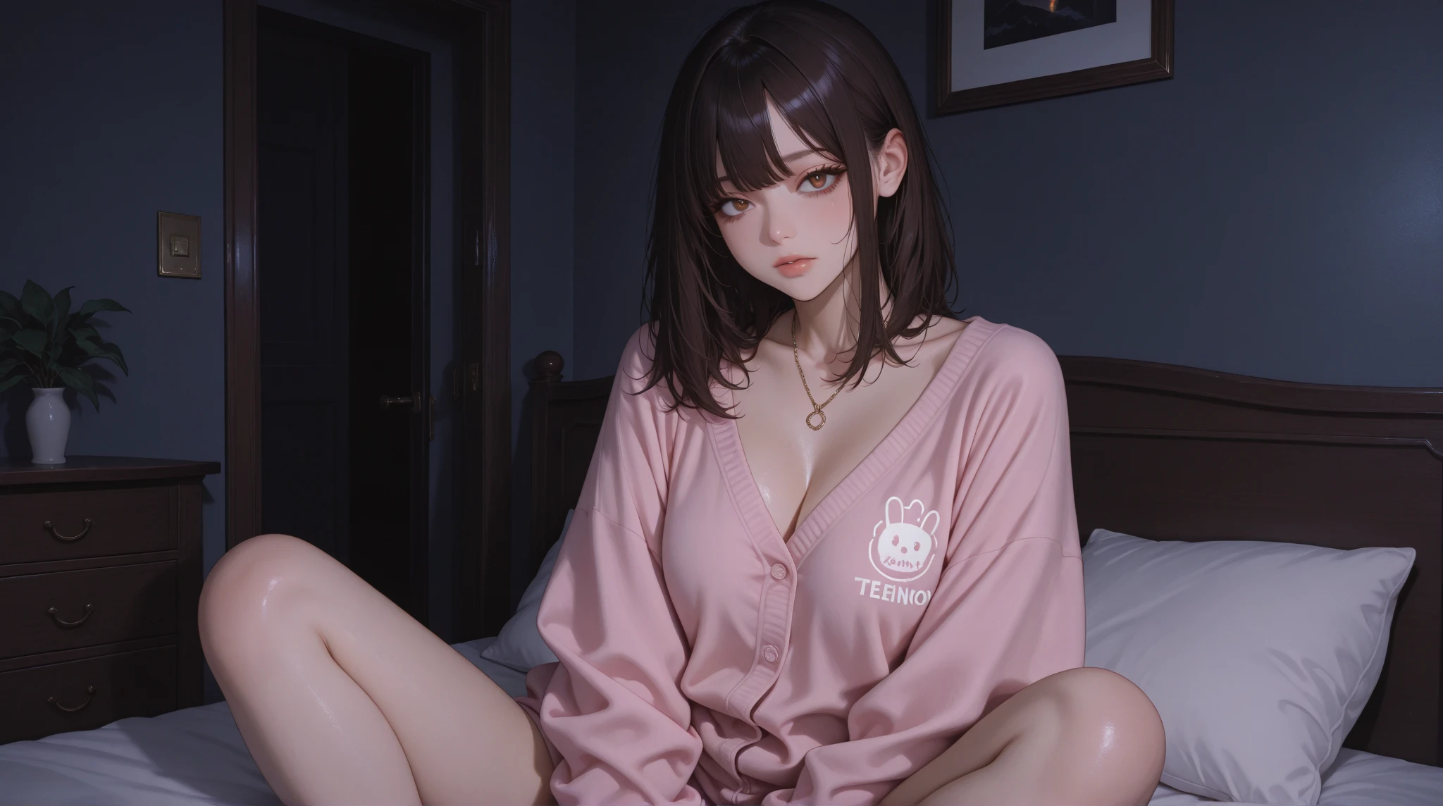 (masterpiece, best quality), 1girl, beautiful face, <lora:OnesiePJs-Finale:1> onesie, anesie, pink onesie, long hair, bed,