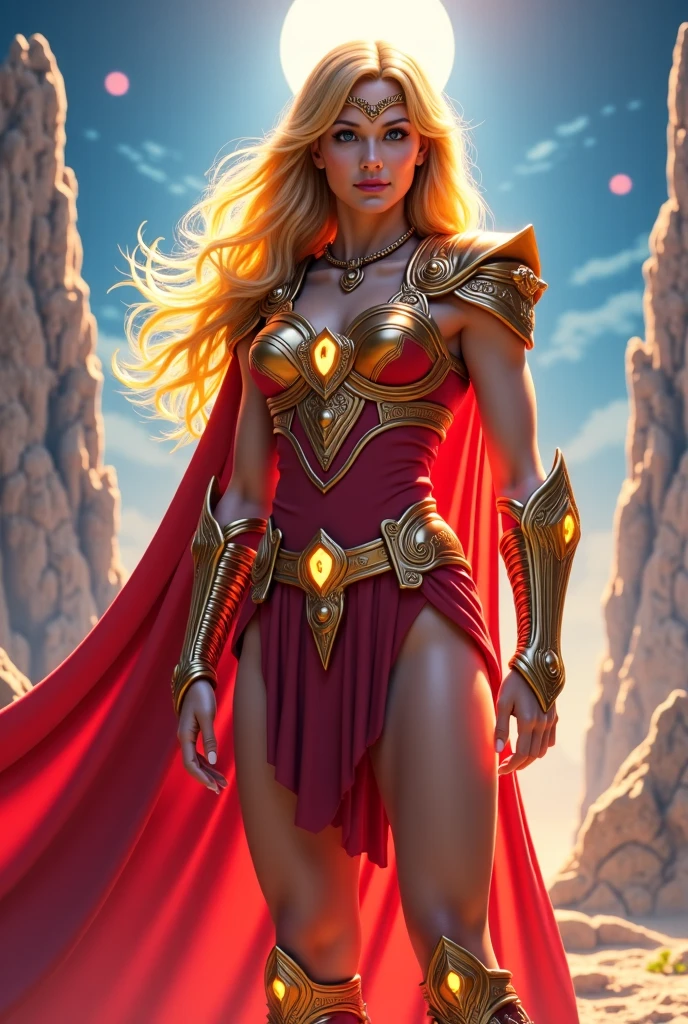Full body picture,Sexy blonde elf woman, Elf Culture, , Beautiful pale elf woman, Very pale skin, Light grey eyes, High cheekbones, Red face, Mental foramen, Long and blond hair, Double braided hair, Gold Thong Bodysuit Armor, Silver long slit skirt, Gold and Silver Medal Details, Giant golden glove, Sports curvy figure, Show your thighs, Sexy thighs, Quadriceps muscle details, muscle, Body side view, Full body view, cave, sun, Backlight, accurate image, Epic Image, masterpiece