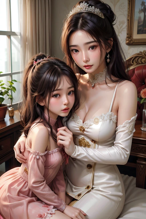 (2girls:1.5), Princess, Long hair, Passionate, (extremely detailed beautiful face), (Beautiful girl in princess dress:1.5), (Lace dress:1.4), Amazing face and eyes, (The sexiest look), (Best Quality:1.4), (hyper quality), (Ultra-detailed), (extremely detailed CG unified 8k wallpaper), Highly detailed, RAW Photos, Professional Photography, Sitting, (Luxurious living room with pictures of girls&#39; sexy boobs on the walls:1.4), (Golden Chair, Golden ornaments, Dazzling brilliance:1.2), Luxurious, Gorgeous, secret, Sexy Shots, Magnificent, great, transcendental scale, sense of freedom, Exposing, Christmas tree, Christmas Lights, Christmas Ornaments, famous sexy movie scenes,