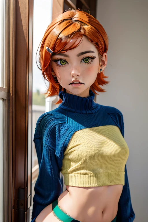 SFW, 1girl, big clear eyes, eye contact, (small :1.2), red choker, wide view, parted lips, pulpy lips, bright orange hair, showing off skirt, short messy hair, bangs, highly detailed, soft tones, extreme detail, no background, (detailed textures:1.1),  dramatic light, happy smile, high Depth Of Field, slight fisheye lens