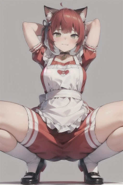 A Female robot is sleeping in bathroom, spread legs, nude, banzai pose. she wears no dress. She Brown short hair is tied with two big red clothespins, She lifts up the under hem of her white plain dress, leaning over, masterpiece, very short pigtails,brown hair, mature, android, blue eyes, full body figure, Height: 160cm, flushed cheeks, 2020s anime picture, A beautiful robot with short brown hair in two short pigtails held up by two very large huge red clothespins, Uplifting, No NSFW, whole body, barefoot, archaic smile, getting orgasm, 25 years old, sweat bucket.