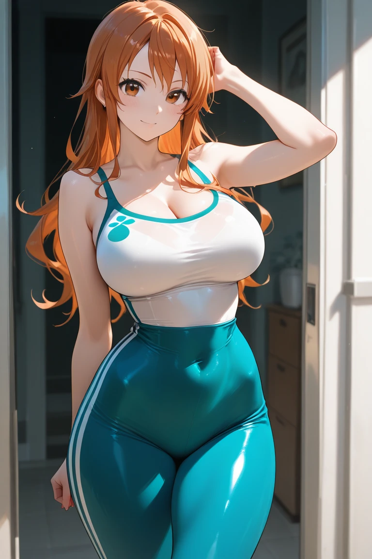 masterpiece, best quality, asuna yuuki in sports bra and yoga pants, gigantic breasts, saggy breasts, KC Style, arms behind back looking at viewer smiling, brown eyes, outdoors, street, wide hips, thick thighs,dynamic pose, light orange hair