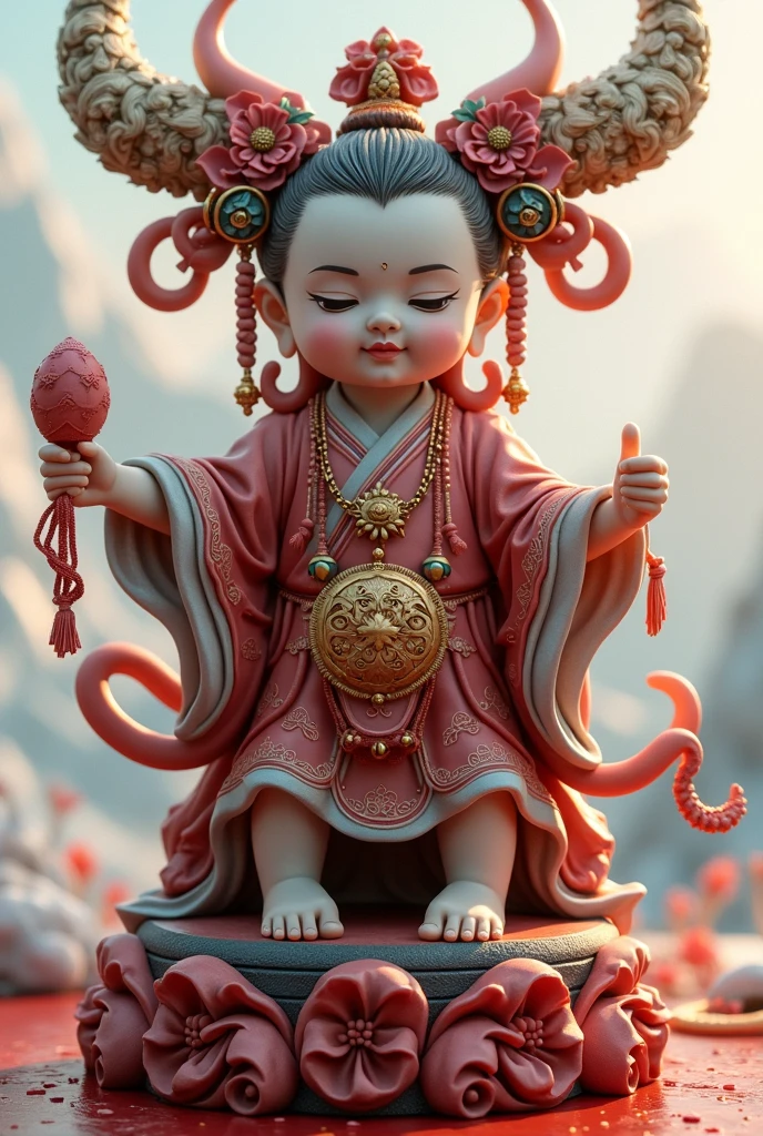 Cute baby，Jade Ruyi,seven color flame,treasure,Clouds surround,Gold and silver jewelry,Jewelled,pearl agate,realistic details,Complex structures,color云彩,moon,color,Three-dimensional ancient style,3D stereoscopic,Blur in close range