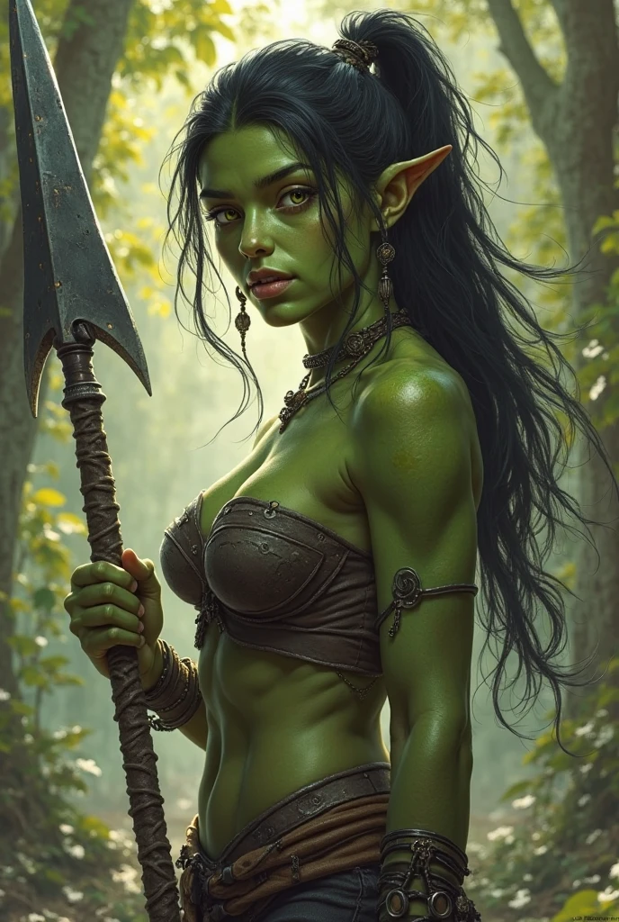 one githyanki girl, githyanki, (green skin, pointy ears, long ears:1.5), solo, (slender body:1.2), (muscular, upper body, bust:1.2), black eyes, black hair, (revealing outfit, tiny breasts, small breasts, male chest, cleavage, exposed body:1.5), bare shoulders, (belts, shoulder-belts:1.3), masterpiece, highly detailed, look at viewer, shiny blured orange background, gradient sprayed background, front view, gradient red purple background, blured background, glowing edges of image