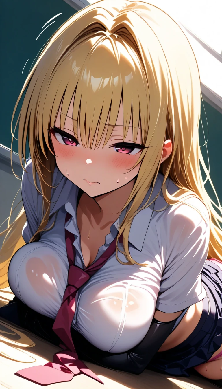 ((masterpiece,best quality anime,Highest quality:1.3)),cowboy shot,Mature Beauty,独奏,1woman,((very small head:1.3)),((ideal ratio body proportions:1.2)),blonde hair,high twin tails,straight long hair,bangs,gorgeous eyes,brown eyes,shy,(White collared shirt、Long sleeve、Red tie、Black pleated mini skirt),black_thighhighs,black hair_ties,White sneakers、((slender body,skinny)),medium breasts,sweat:1.3,gleaming skin,shiny skin,arms behind back,incontinence、peeing,squatting,Dimly lit nurse&#39;s office、Academy、Modern Tokyo、nsfw,