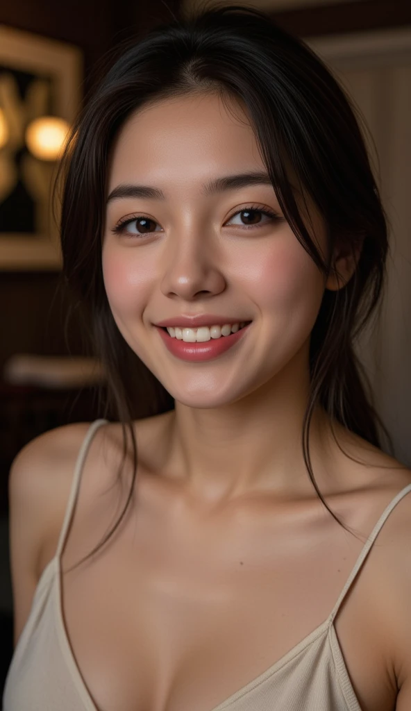 Photo of a Thai Student, that has a very natural face, thin lips, thin eyes, thin eyebrows, thin nose, long eyelashes. She makes a cute selfie in a cafe. Sexy post.
