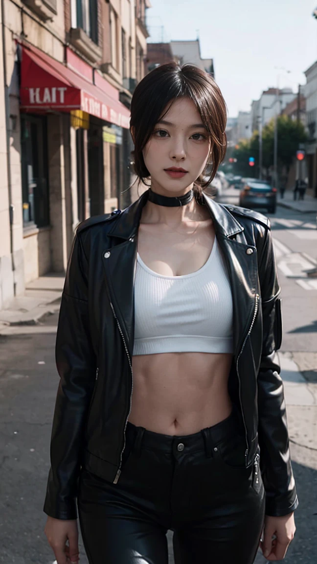 a girl,Super short belly top，Long sleeve，Boss，Navel down jacket，(bare midriff, exposed navel), sexy abs, navel open，completely exposed abdomen, hip-hugger，Low-rise pants，Exposing the entire abdomen，Expose the mermaid line，，metal belt, winter，street, cinematic lighting, ray tracing, Fujicolor, anaglyph, Full body framing, high detail, Verism, UHD, masterpiece, anatomically correct, textured skin, super detail, high details, award winning, best quality, 4K，Looking at the camera，Smile