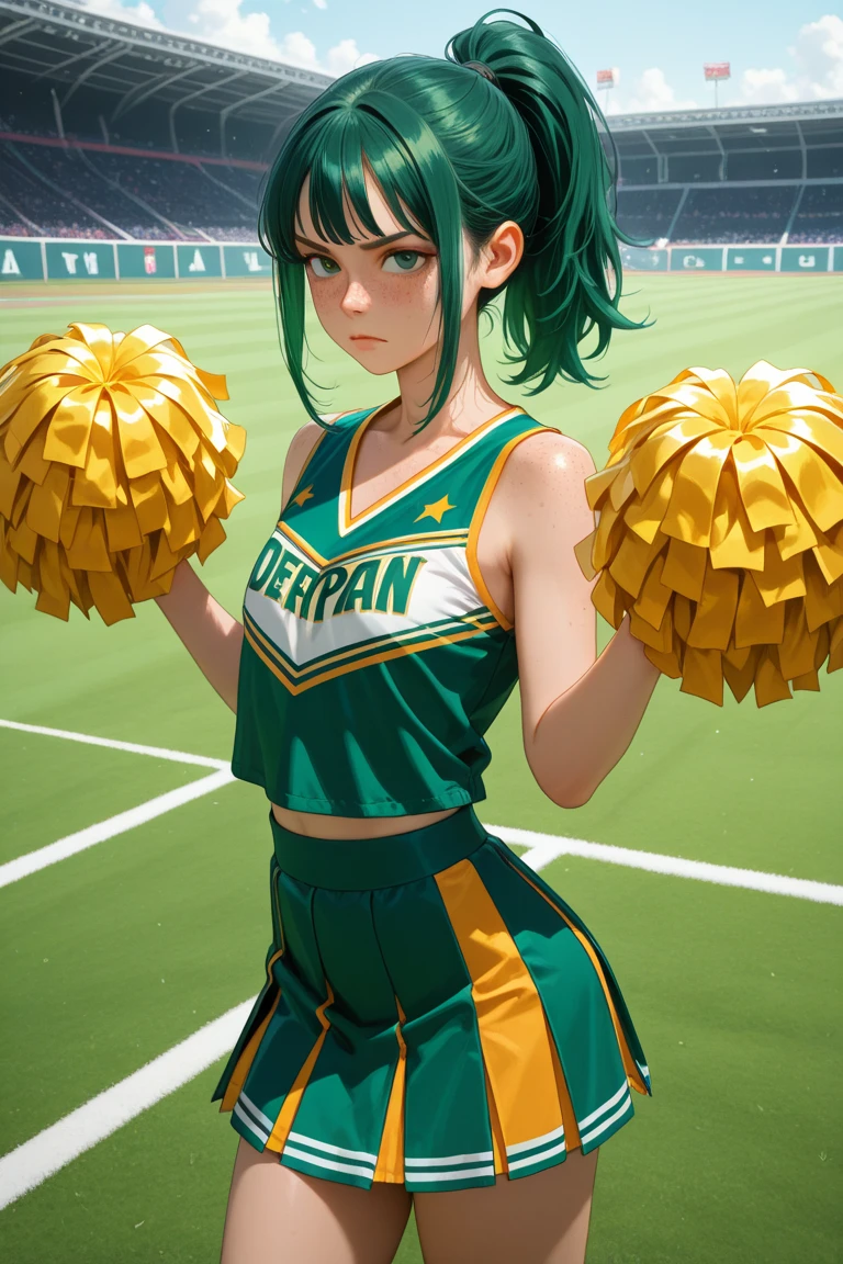 (masterpiece:1.2), (extremely detailed CG:1.2), (ultra detailed:1.2), (best quality:1.1), (highres:1.1), beautiful detailed background, (extremely detailed girl:1.1), 1girl, (oil skin, shiny skin, lustrous skin, smug:1.2), fubuki\(one punch man\), (cheerleader:1.1), frils, mini skirt, green eyes, parted lips, glowing eyes, eye contact, (blush:1.5), (covered nipples:1.05), (intricate details:1.25), cameltoe, <lora:add_detail:0.8>, <lora:fubuki-v2:0.8>, football field in the background