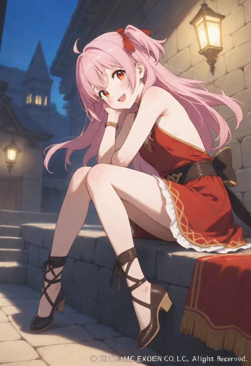 score_9, score_8_up, score_7_up, score_6_up, score_5_up, score_4_up, source_anime, 1 sexy woman, smile , pink hair, braids, white eyes, w-w-chain,long chains , spraed arms, crossed legs, loose hair , hoody , green high heels,sandals, ,night, dungeon, best quality, best res, 4K UHD,