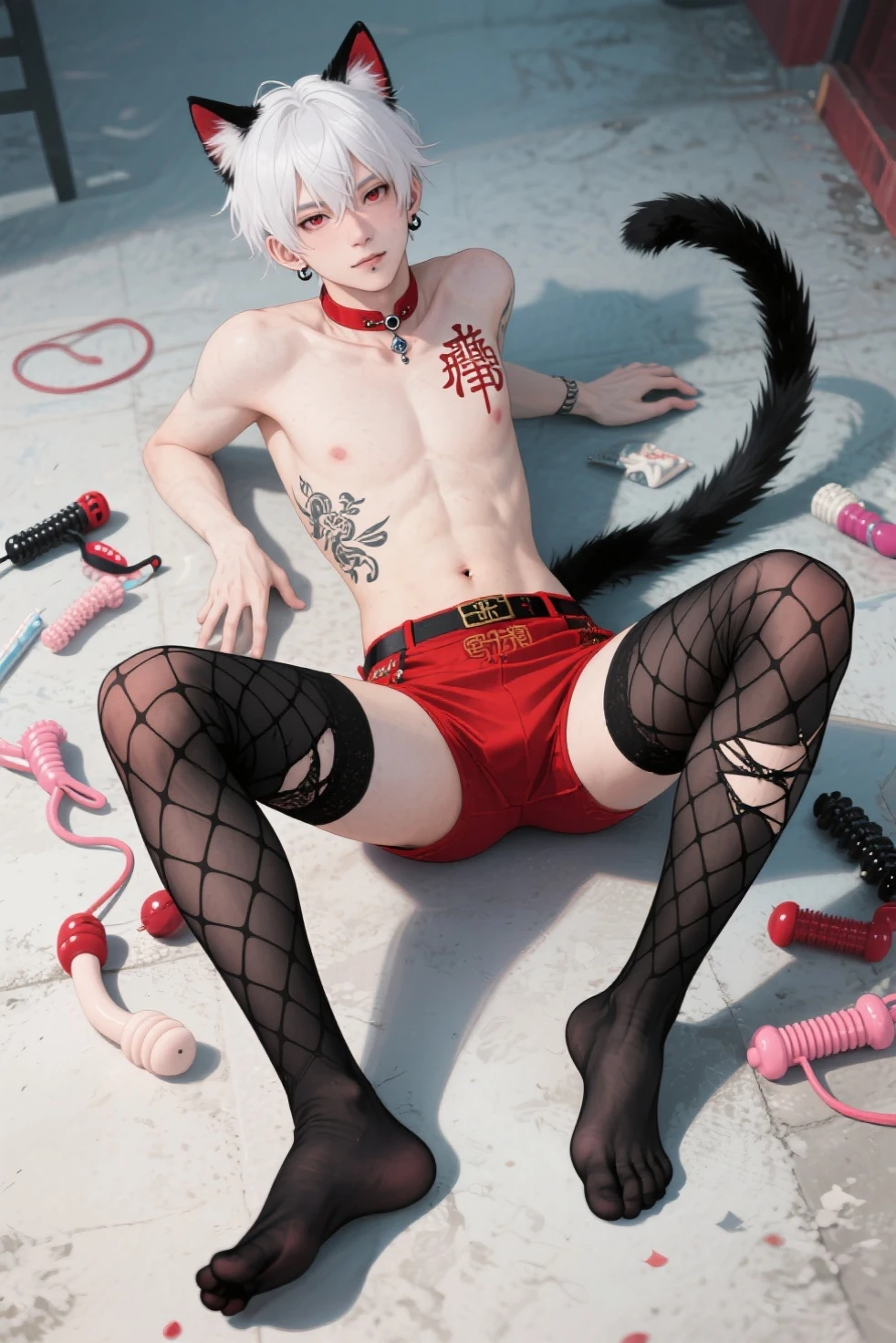 1boy, toned, sharp cat ears, cat tail, black messy hair, wide extremely vibrant red eyes, HD, masterpiece, vibrant, black shoes, slim dark hoodie, full body view, neutral face, black thigh socks