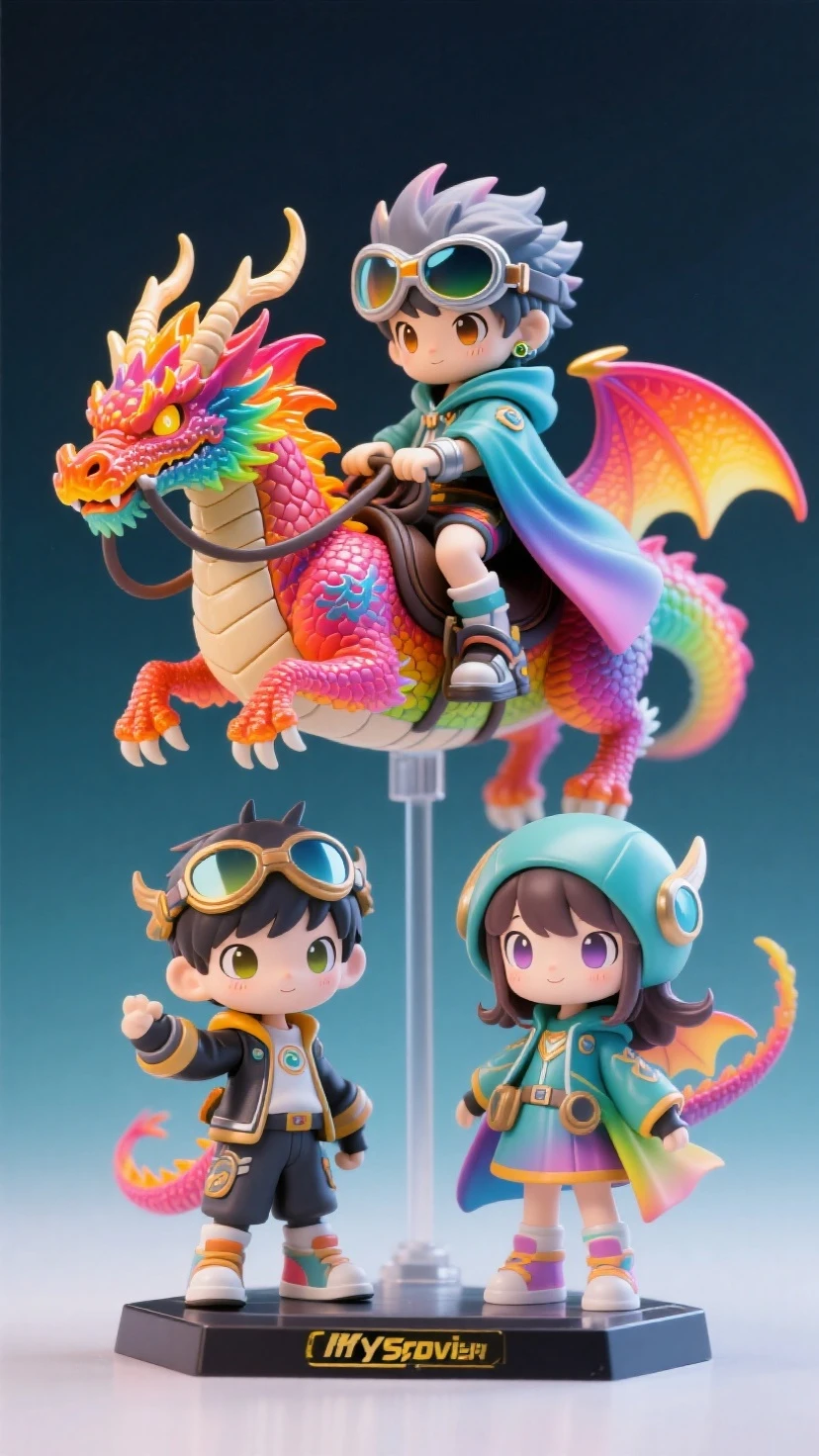  masterpiece, highest quality, high resolution, 4k,8k,(realistic, photo realistic: 1.5),((My Figures)),Dragon Rider Figures、Sci-fi Adventure、Fiery Rainbow Dragon、Dragon Riding Goggle Cloak Boy and Girl、Exquisitely Detailed Outfit、exquisite detail、Cute design、pop color scheme、Your Own Original Figure, Best Writing、Strike a Pose、Japanese anime style、Deformed Character,chibi character style、figure with stand