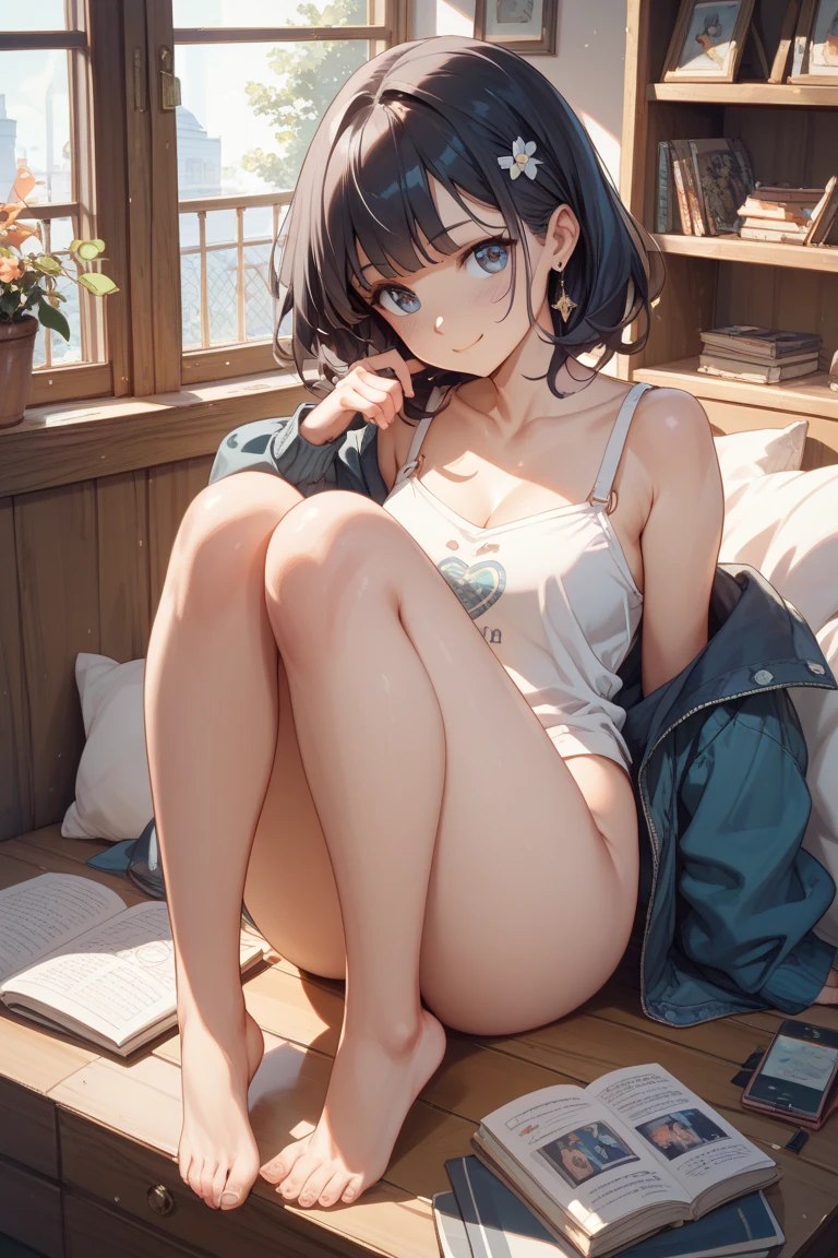 NSFW ４ｋqulity, top-quality　Misaka_mikoto, Brown-eyed, Short_hair, A slender(((Super small breasts Muscular breasts)))++ 　Sit on a chair in the room　Inside the schoolgirl's room　　Cute camisole　 Undressed、Naked、Exposing her naked breast exhibition disorder、Chest Small Size、Exposing thighs、Genitals are visible in the crotch、chest is not covered、[[Open legs、Spread your legs apart]]、dynamicposes、pov from down ，　１６age　Mass sweat　KISSING A MAN